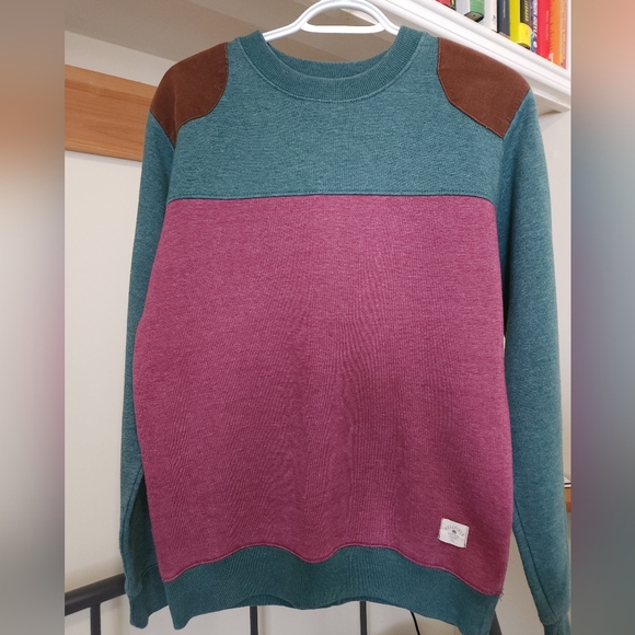 Bellfield Other - Bellfield Teal and Berry Colorblock Crewneck Sweater with Brown Shoulder Patches